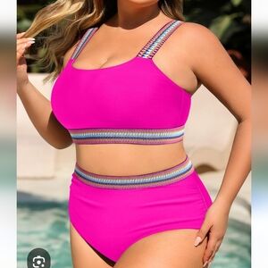 Hilinker Hot Pink Bikini Set with Rainbow Straps XL